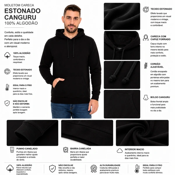 Moletom Careca Estonado Canguru 100% Algodão
