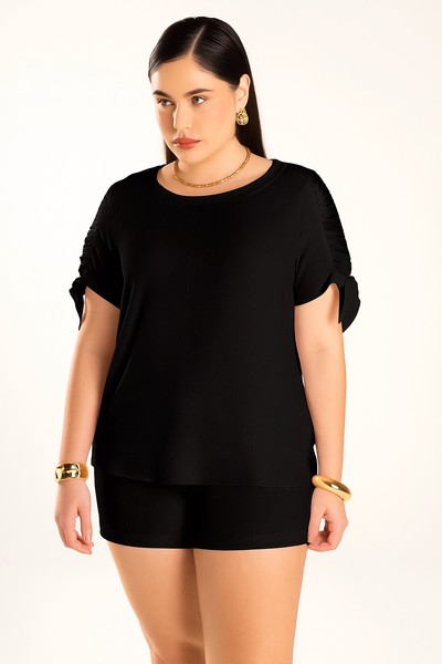 Foto Blusa Plus Size Manga com Franzido em Crepe e Chiffon