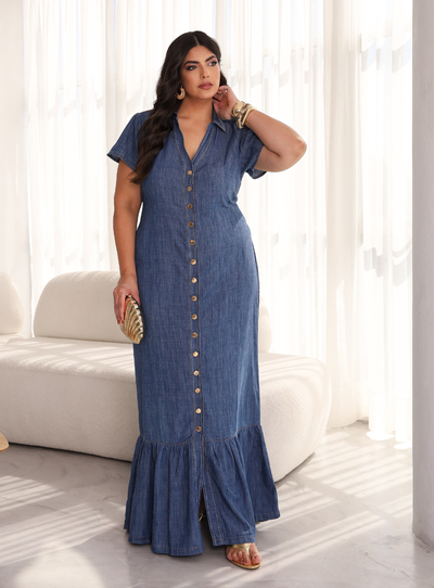 Foto Chemise Jeans Decote V Plus Size Longo com Barra Babado