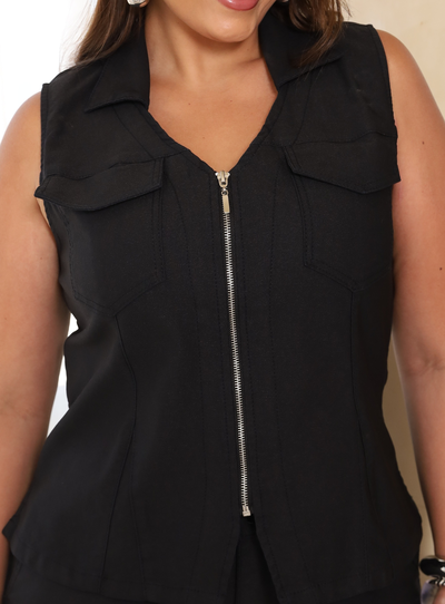 Foto Colete Jeans Plus Size Bolsos Lapela Frontal com Elastano