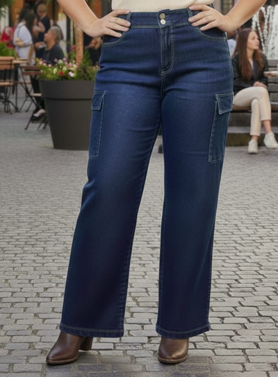 Foto Calça Jeans Cargo Wide Leg Plus Size Azul Escuro