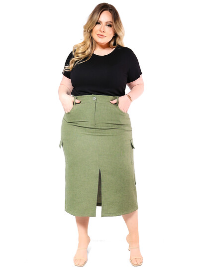 FotoSaia Midi Plus Size em Linho Fenda Frontal
