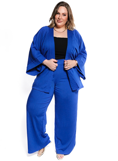 Foto Conjunto Plus Size Kimono e Calça Pantalona com Elástico no Cós em Viscolinho