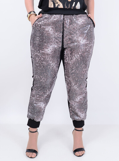 Foto Calça em Bengaline com Paetês Jogger Animal Print com Bolsos