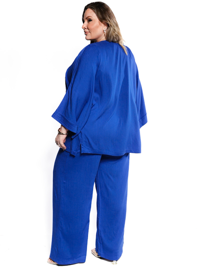 FotoConjunto Plus Size Kimono e Calça Pantalona com Elástico no Cós em Viscolinho