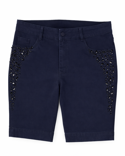 Foto Bermuda Jeans Plus Size Azul Marinho Com Pedraria Lateral