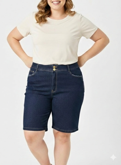 Foto Bermuda Jeans Pesponto Caramelo Plus Size Com Elastano