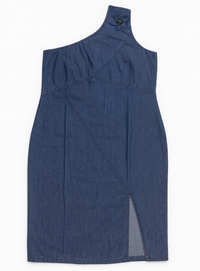 Foto Vestido Midi Jeans Tubo Plus Size com Uma Só Alça