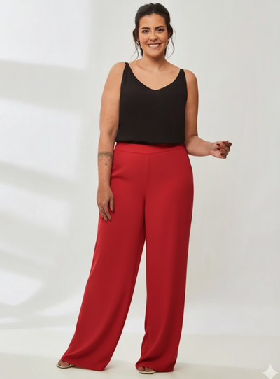 Foto Calça Pantalona Crepe Plus Size com Forro de Poliéster e Elástico no cós