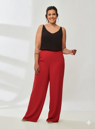 Foto Calça Pantalona Crepe Plus Size com Forro de Poliéster e Elástico no cós