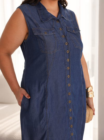 Foto Chemise Jeans Cavado Plus Size com Bolso Lapela