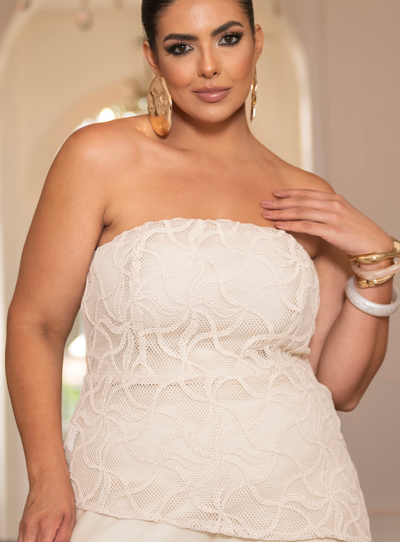 FotoConjunto Bege Plus Size Calça Pantalona e Blusa com Alça Removível