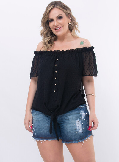 Foto Blusa Plus Size Tule Poá com Babados