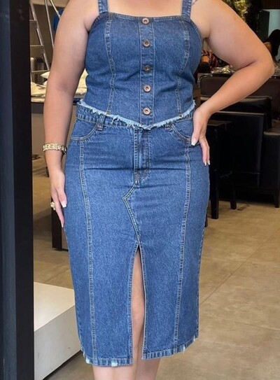 FotoSaia Jeans Plus Size Midi Vintage com Fenda