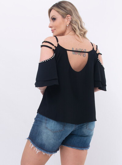 FotoBlusa Plus Size Preta com Pérolas