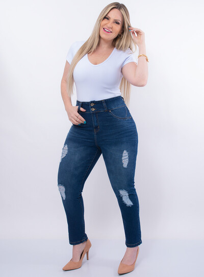 Foto Calça Jeans Plus Size Cintura Alta Destroyed