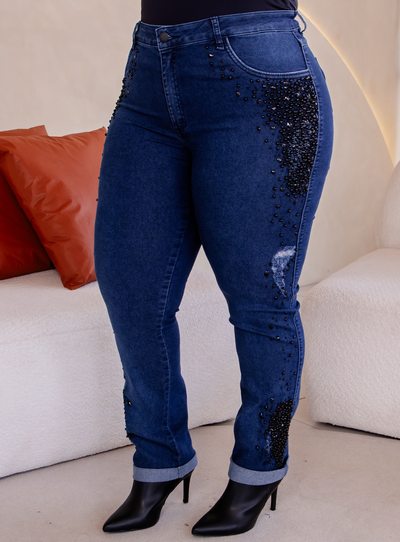 Foto Calça Skinny Plus Size Bordado com Pedras na lateral