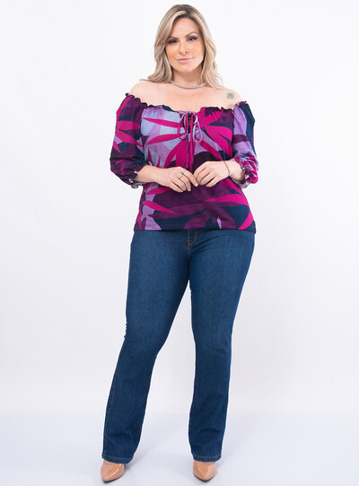 FotoBlusa Plus Size Estampada Ombro a Ombro