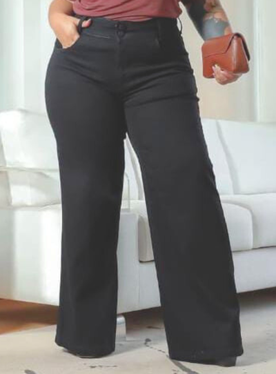 Foto Calça Wide Leg Jeans Preta Plus Size com Dois Botões