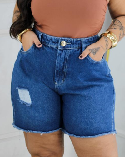 Foto Short Jeans Plus Size Cós Elástico Barra Desfiada