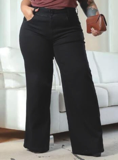 Foto Calça Wide Leg Jeans Preta Plus Size com Dois Botões