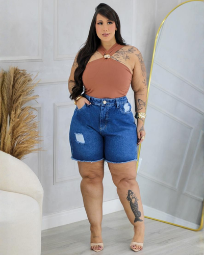 FotoShort Jeans Plus Size Cós Elástico Barra Desfiada