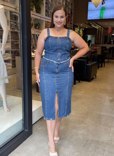 Foto Saia Jeans Plus Size Midi Vintage com Fenda