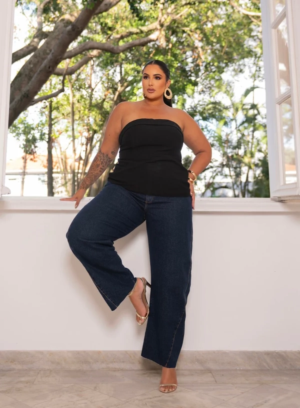 Blusa Plus Size Tomara que Caia Estruturada com Alças Removíveis – Preto, Branco e Amarelo