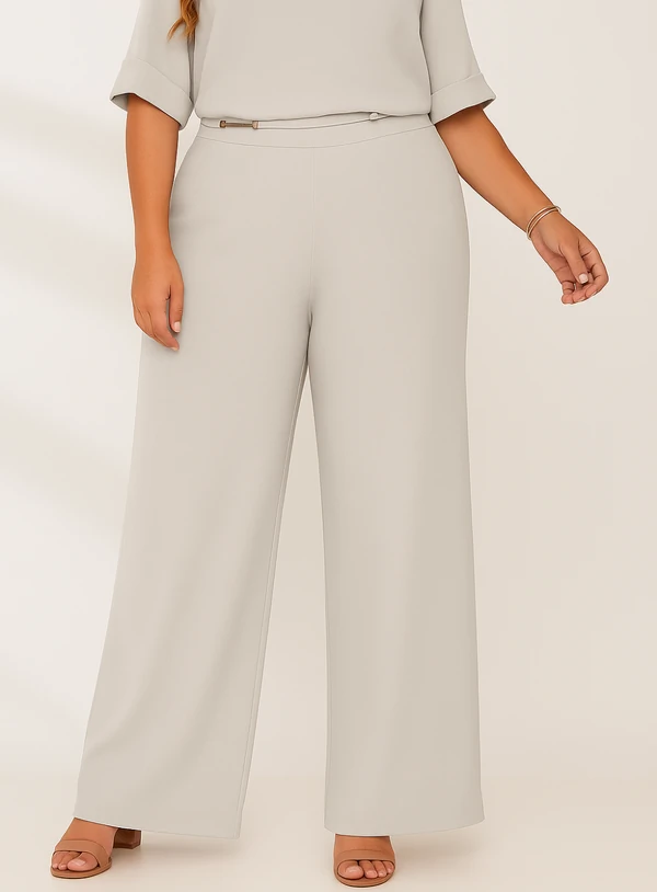 Calça Pantalona Crepe Plus Size com Forro de Poliéster e Aviamento de Metal