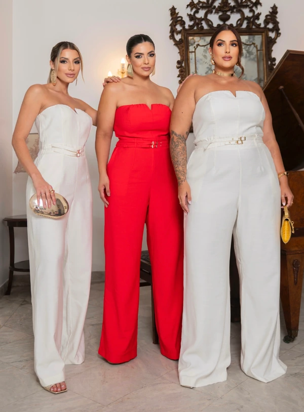 Macacão Plus Size Pantalona com Cinto Duplo e Alça Removível – Vermelho e Branco