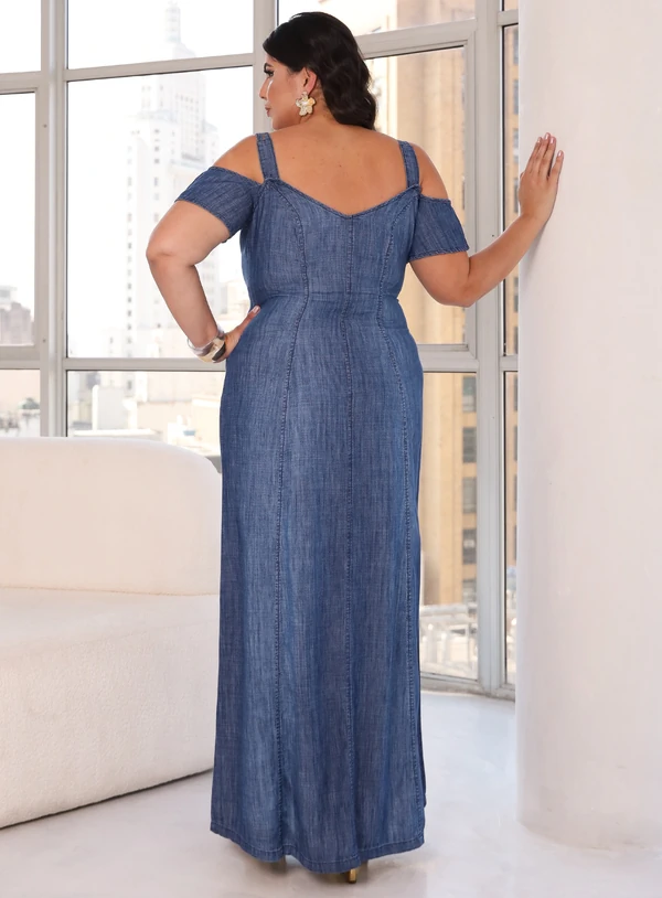 Vestido Jeans Longo Plus Size Manga Ciganinha