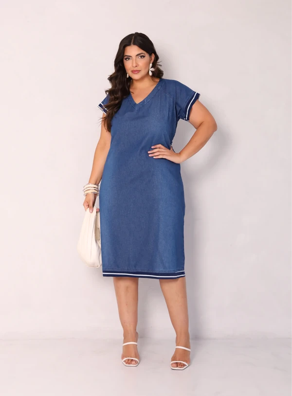 Vestido Jeans Camiseta Plus Size de Malha