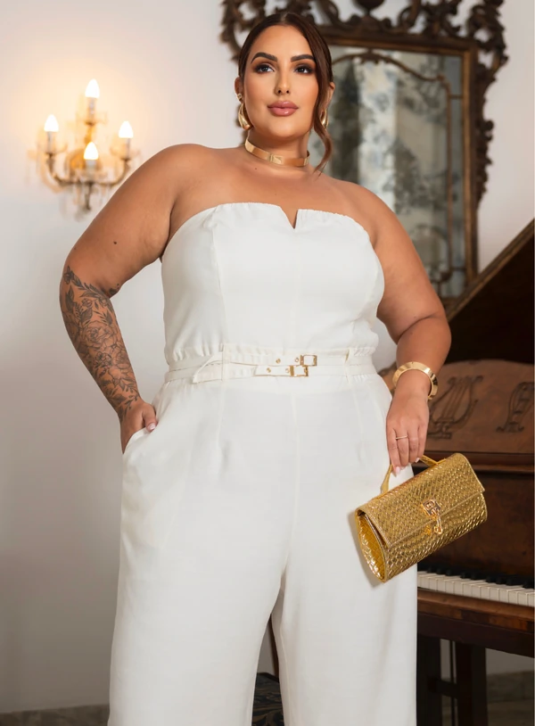 Macacão Plus Size Pantalona com Cinto Duplo e Alça Removível – Vermelho e Branco