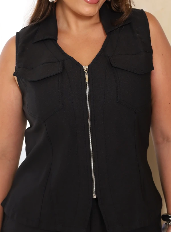 Colete Jeans Plus Size Bolsos Lapela Frontal com Elastano