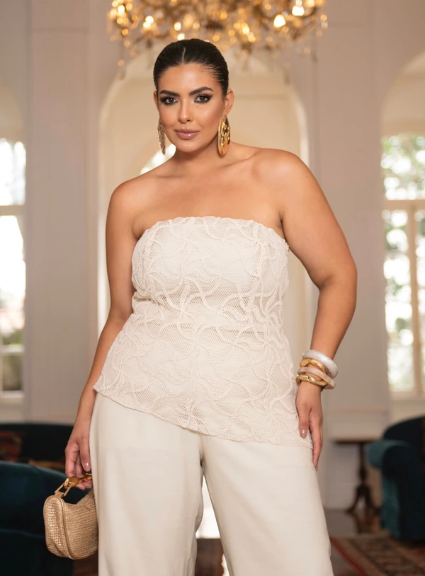 Conjunto Bege Plus Size Calça Pantalona e Blusa com Alça Removível