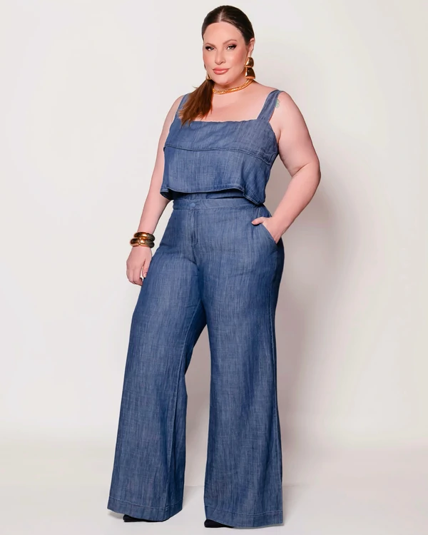 Calça Jeans Pantalona Cintura Alta Plus Size