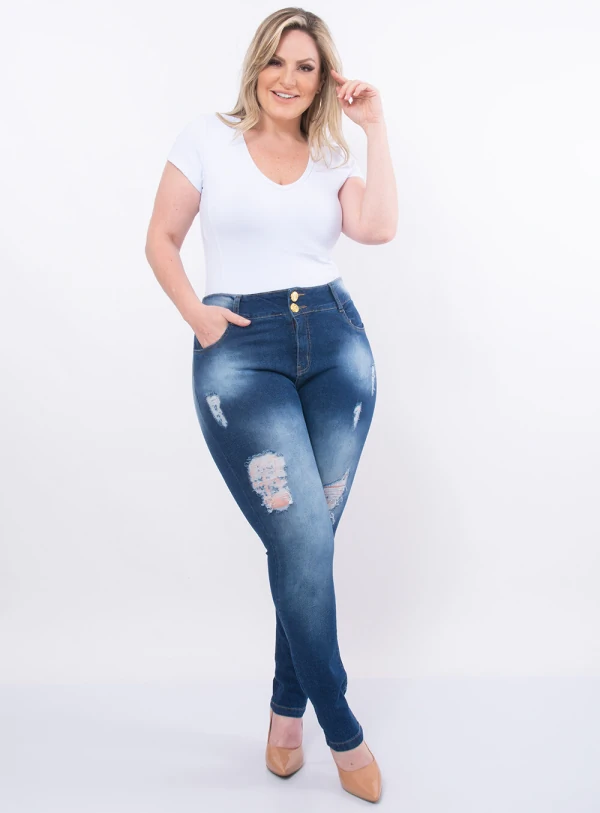 Calça Plus Size Jeans Cintura Alta