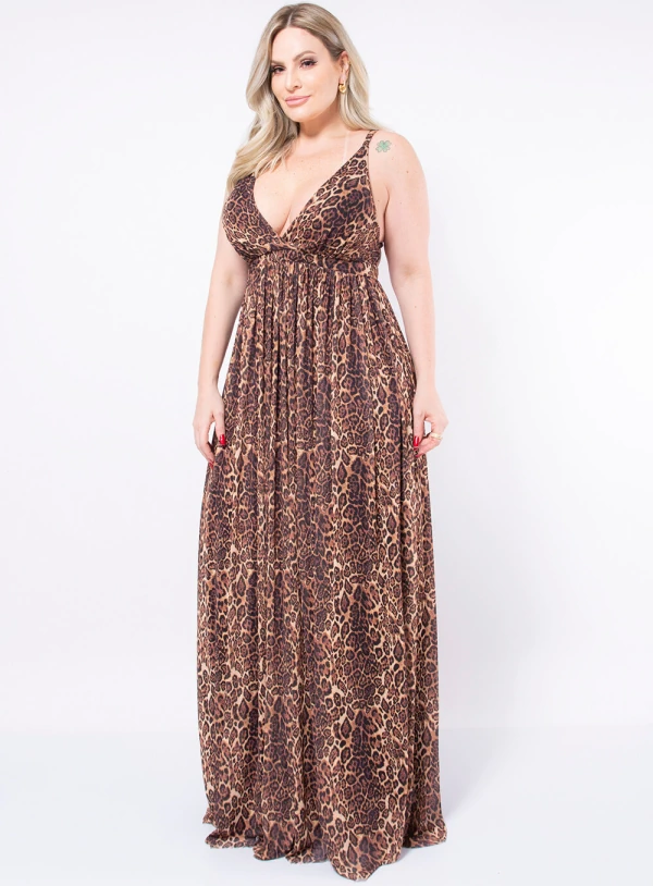 Vestido Longo Plus Size Animal Print em Chiffon