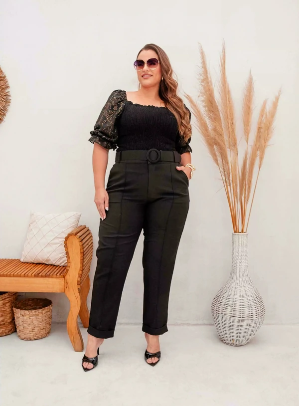 Blusa Ajuste Perfeito Lastex e Chiffon Plus Size