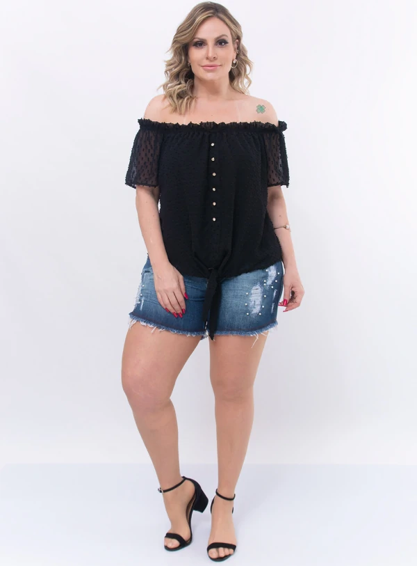 Blusa Plus Size Tule Poá com Babados