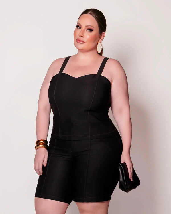 Top Jeans Plus Size com Alça e Elástico Traseiro