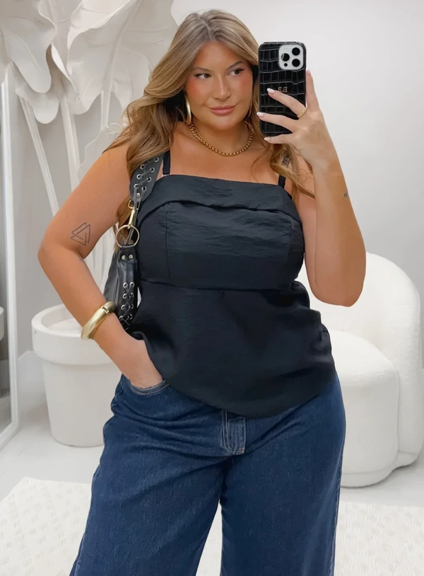 Blusa Plus Size Tomara que Caia Estruturada com Alças Removíveis – Preto, Branco e Amarelo