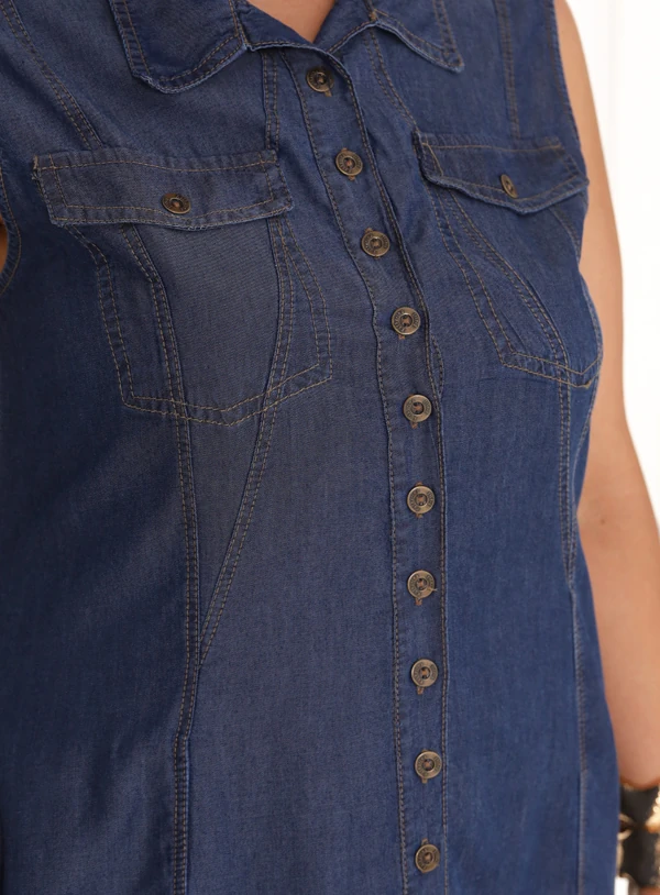 Chemise Jeans Cavado Plus Size com Bolso Lapela