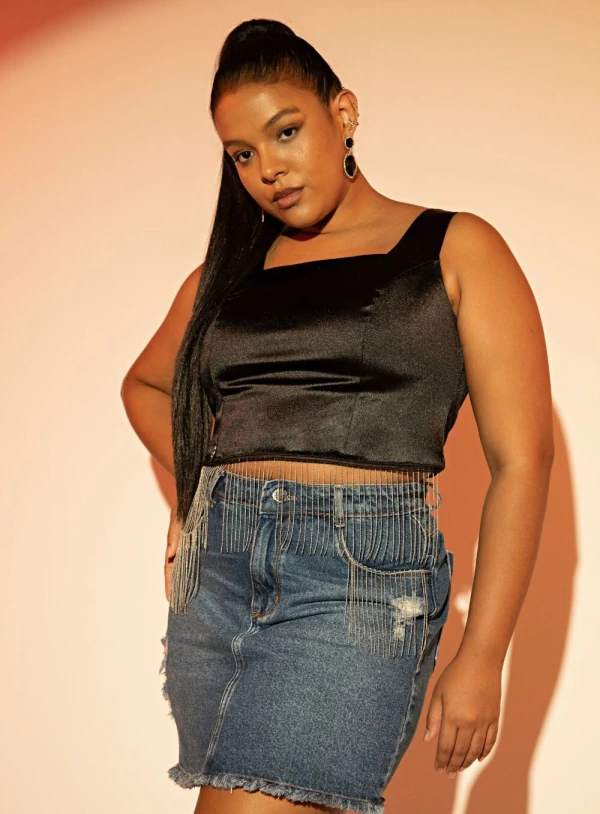 Top Cropped Plus Size Franja Metalizadas em Prada Gabardine