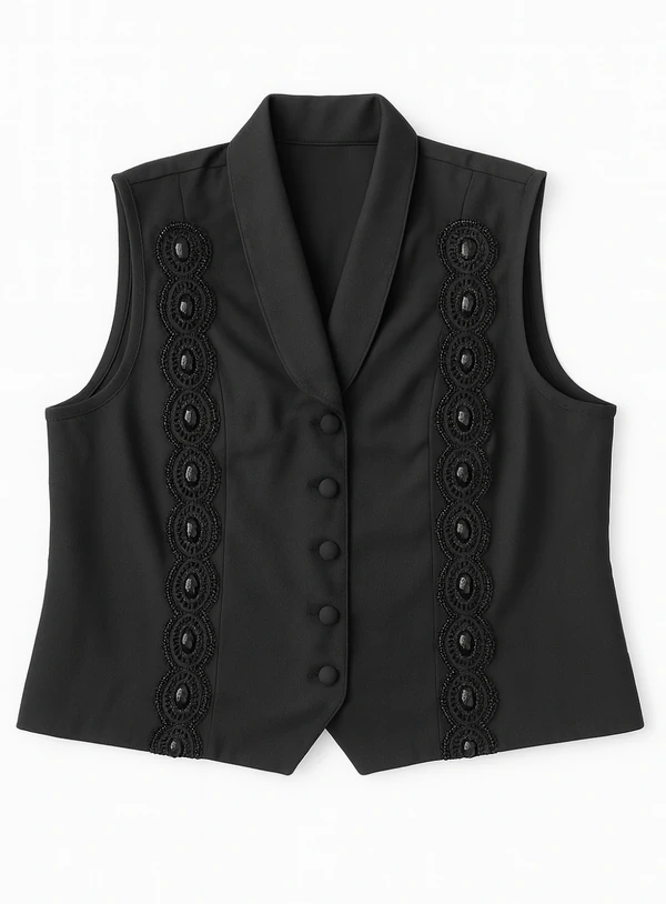 Colete Jeans Plus Size com Aplicações e Gola Blazer