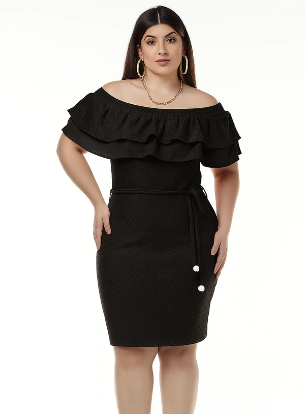 Vestido Plus Size Ombro a Ombro em Malha Laise