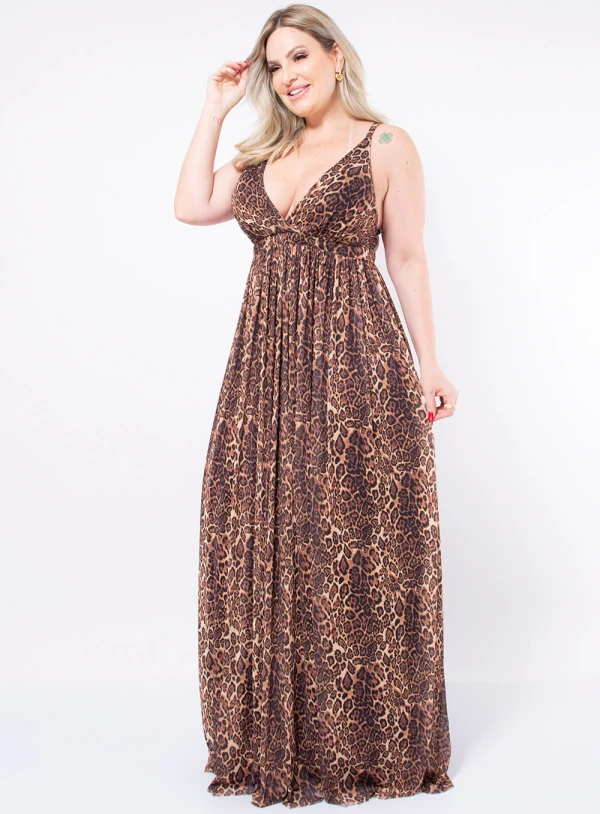 Vestido Longo Plus Size Animal Print em Chiffon