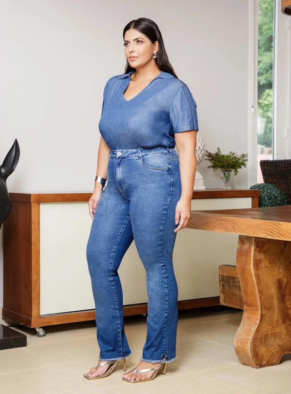 Calça Jeans Reta Marmorizada Plus Size