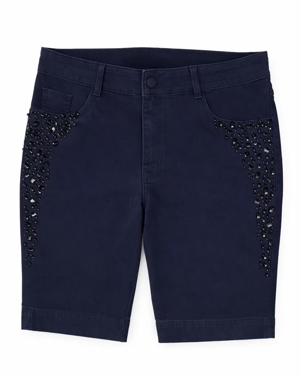 Bermuda Jeans Plus Size Azul Marinho Com Pedraria Lateral