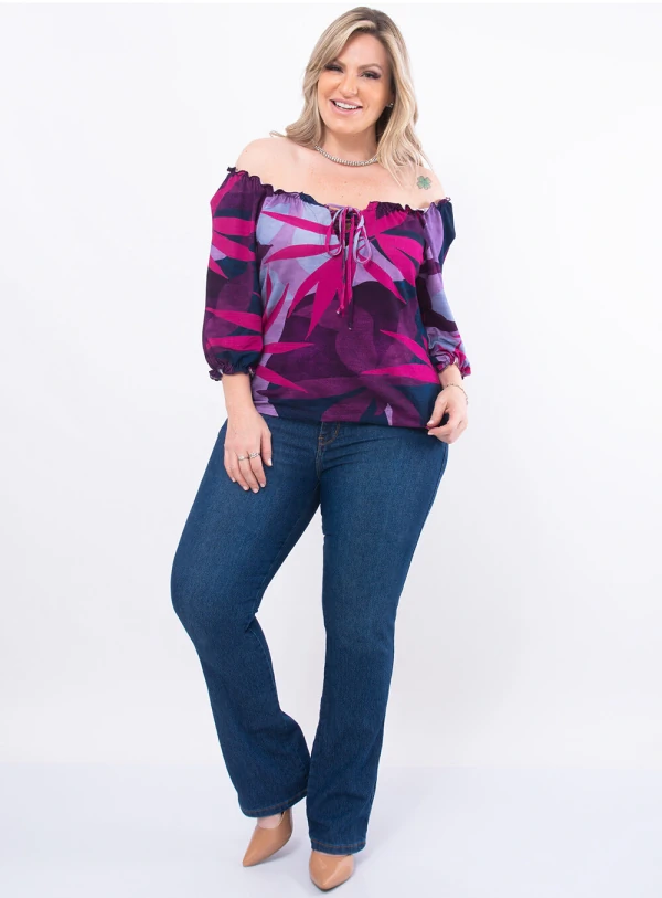 Blusa Plus Size Estampada Ombro a Ombro